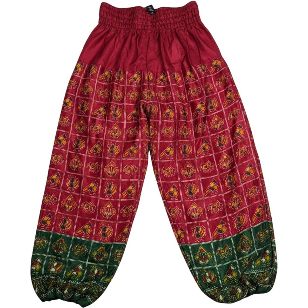Wild Child Red Green Sheer Harem Pants Smocked Waist Boho Festival Bird Print